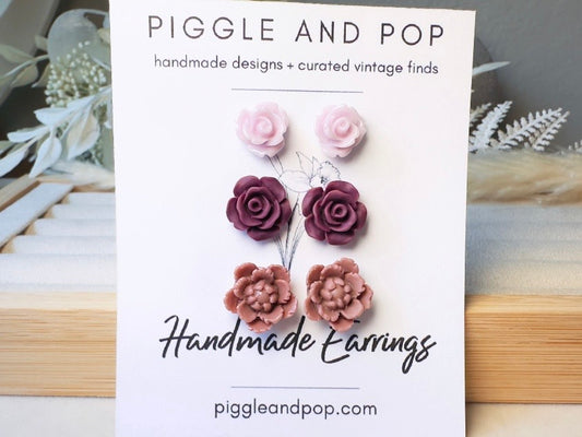 Flower Stud Earrings Gift Set in Plum Purple and Mauve, Handmade Rose and Blossom Hypoallergenic Surgical Steel Post Earrings