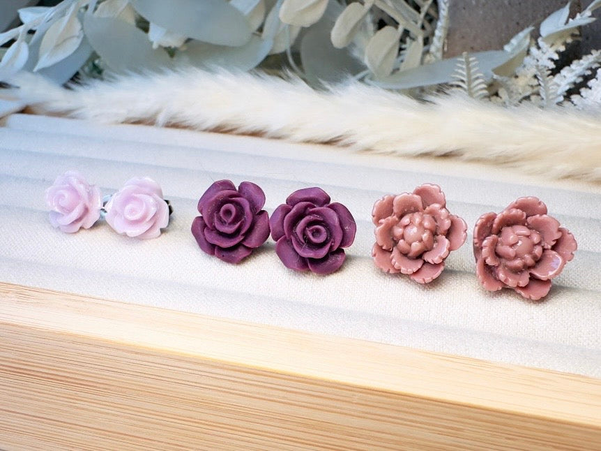 Flower Stud Earrings Gift Set in Plum Purple and Mauve, Handmade Rose and Blossom Hypoallergenic Surgical Steel Post Earrings