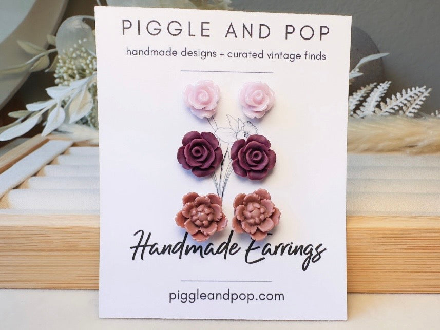 Flower Stud Earrings Gift Set in Plum Purple and Mauve, Handmade Rose and Blossom Hypoallergenic Surgical Steel Post Earrings
