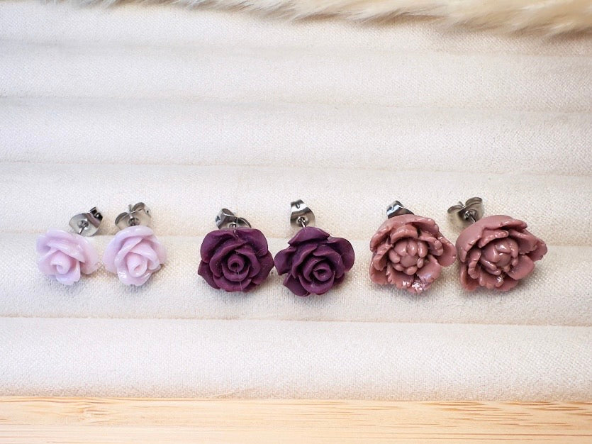 Flower Stud Earrings Gift Set in Plum Purple and Mauve, Handmade Rose and Blossom Hypoallergenic Surgical Steel Post Earrings