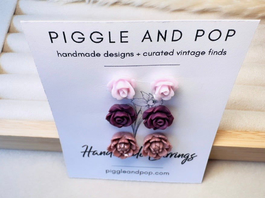Flower Stud Earrings Gift Set in Plum Purple and Mauve, Handmade Rose and Blossom Hypoallergenic Surgical Steel Post Earrings