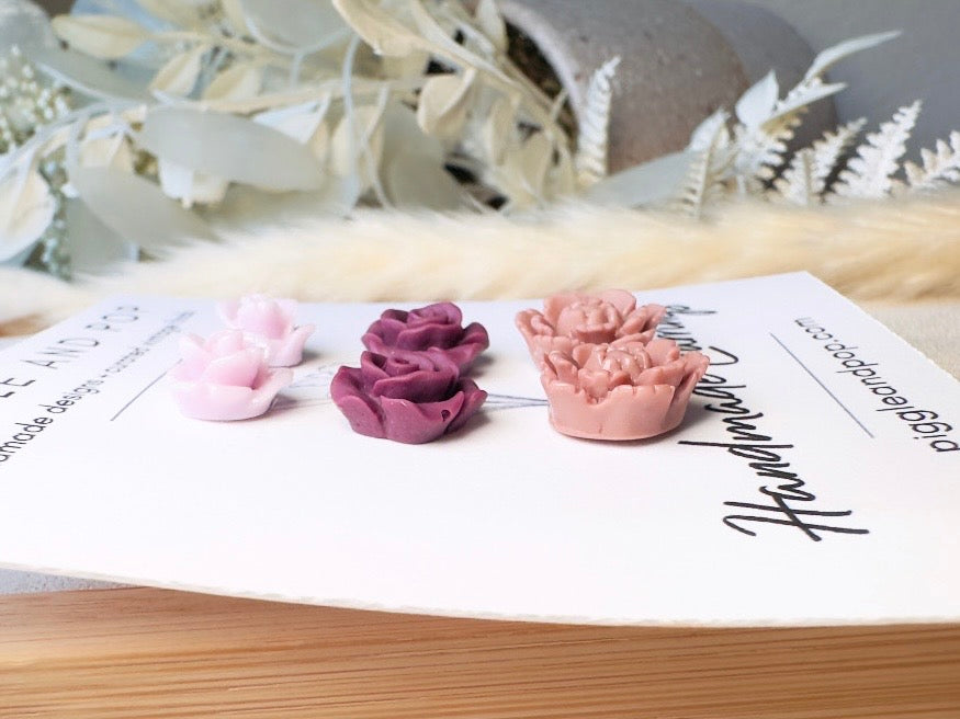 Flower Stud Earrings Gift Set in Plum Purple and Mauve, Handmade Rose and Blossom Hypoallergenic Surgical Steel Post Earrings