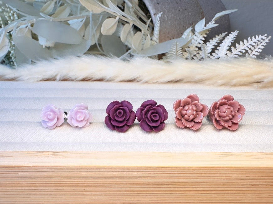 Flower Stud Earrings Gift Set in Plum Purple and Mauve, Handmade Rose and Blossom Hypoallergenic Surgical Steel Post Earrings