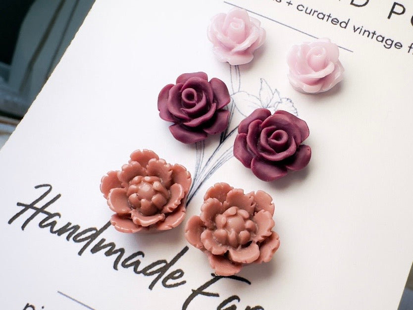 Flower Stud Earrings Gift Set in Plum Purple and Mauve, Handmade Rose and Blossom Hypoallergenic Surgical Steel Post Earrings