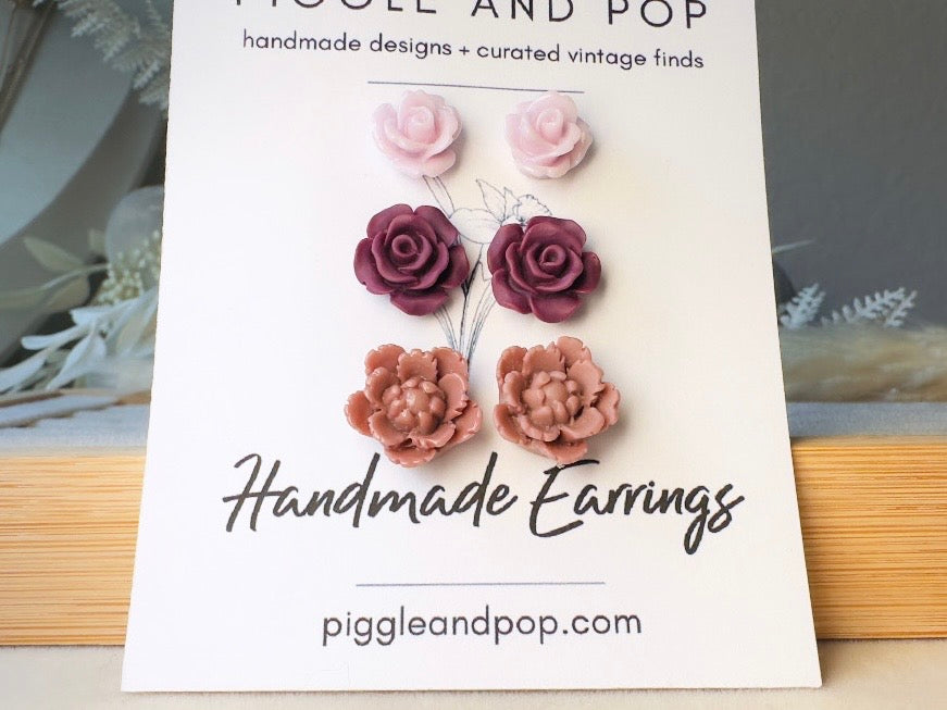 Flower Stud Earrings Gift Set in Plum Purple and Mauve, Handmade Rose and Blossom Hypoallergenic Surgical Steel Post Earrings