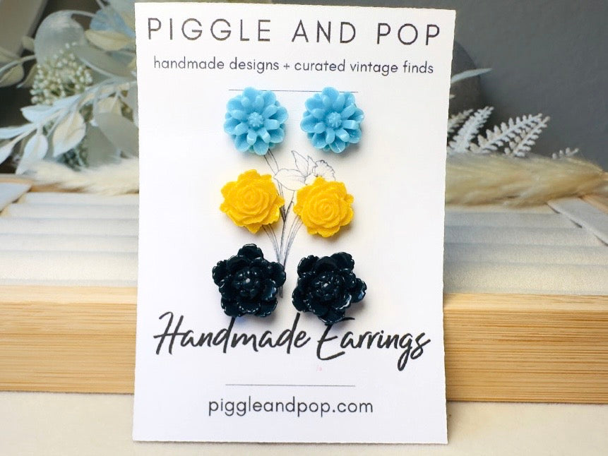 Flower Stud Earrings Gift Set in Sky Blue, Yellow and Navy, Handmade Rose and Blossom Hypoallergenic Surgical Steel Post Earrings