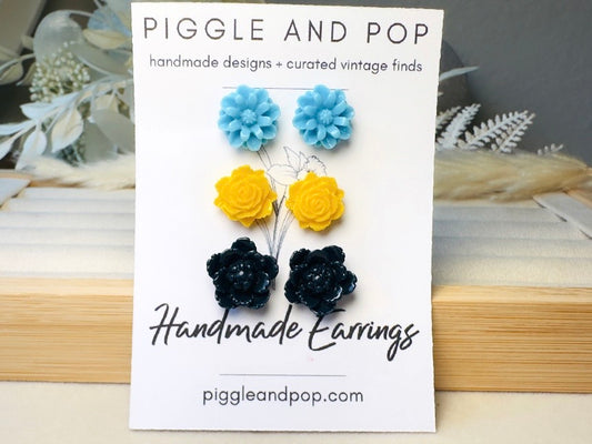 Flower Stud Earrings Gift Set in Sky Blue, Yellow and Navy, Handmade Rose and Blossom Hypoallergenic Surgical Steel Post Earrings