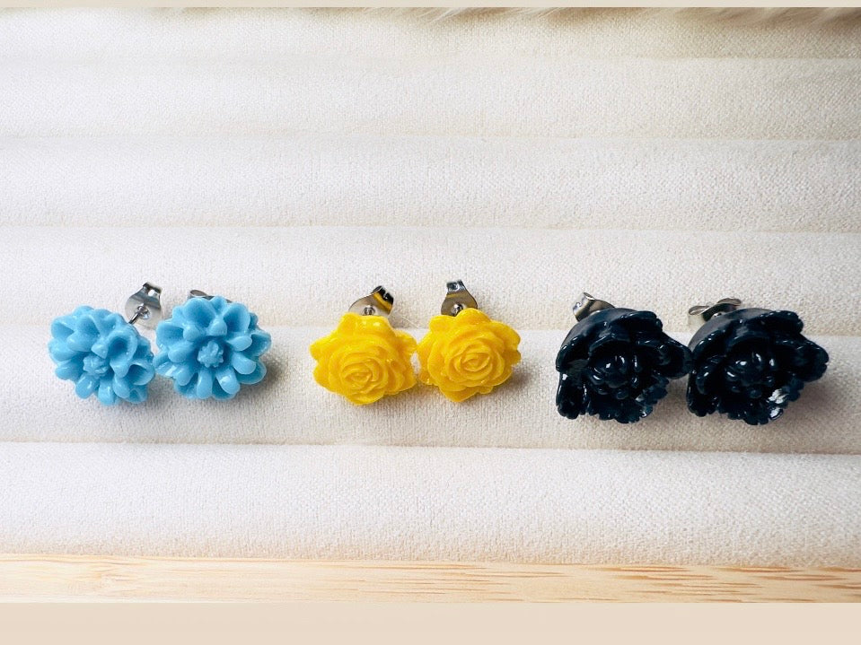 Flower Stud Earrings Gift Set in Sky Blue, Yellow and Navy, Handmade Rose and Blossom Hypoallergenic Surgical Steel Post Earrings