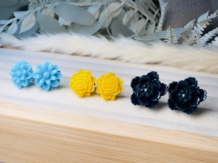 Flower Stud Earrings Gift Set in Sky Blue, Yellow and Navy, Handmade Rose and Blossom Hypoallergenic Surgical Steel Post Earrings