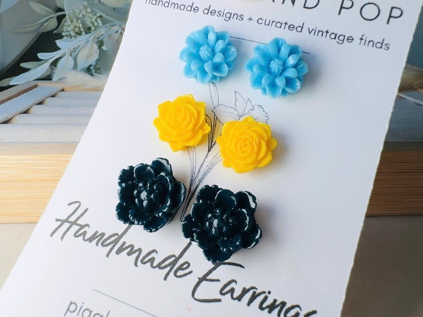 Flower Stud Earrings Gift Set in Sky Blue, Yellow and Navy, Handmade Rose and Blossom Hypoallergenic Surgical Steel Post Earrings