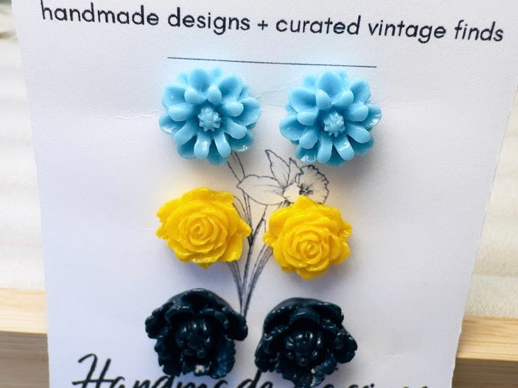 Flower Stud Earrings Gift Set in Sky Blue, Yellow and Navy, Handmade Rose and Blossom Hypoallergenic Surgical Steel Post Earrings