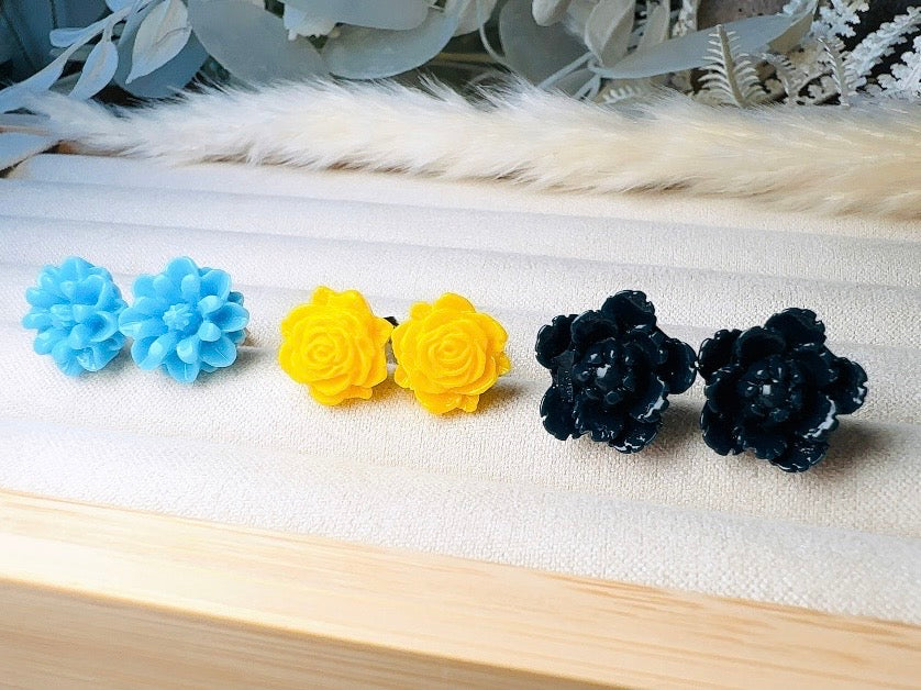 Flower Stud Earrings Gift Set in Sky Blue, Yellow and Navy, Handmade Rose and Blossom Hypoallergenic Surgical Steel Post Earrings
