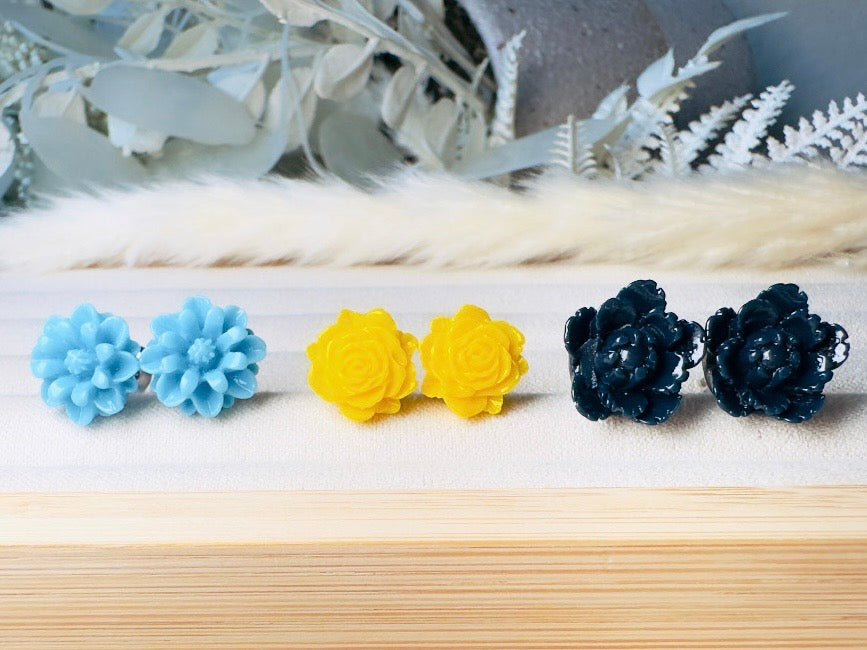 Flower Stud Earrings Gift Set in Sky Blue, Yellow and Navy, Handmade Rose and Blossom Hypoallergenic Surgical Steel Post Earrings