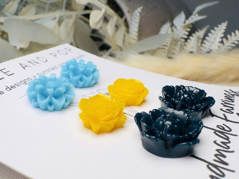 Flower Stud Earrings Gift Set in Sky Blue, Yellow and Navy, Handmade Rose and Blossom Hypoallergenic Surgical Steel Post Earrings