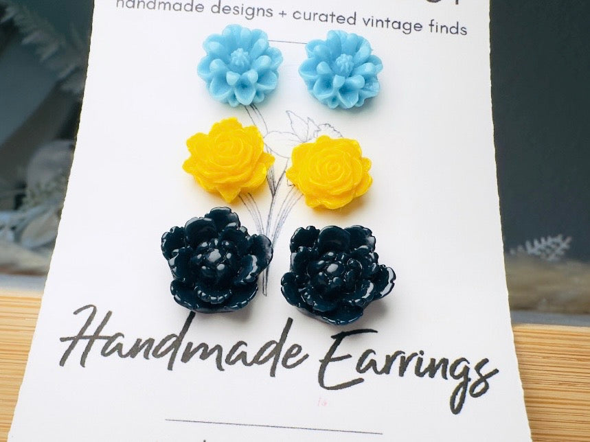 Flower Stud Earrings Gift Set in Sky Blue, Yellow and Navy, Handmade Rose and Blossom Hypoallergenic Surgical Steel Post Earrings