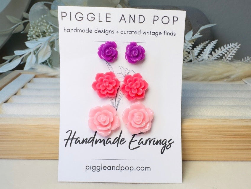 Flower Stud Earrings Gift Set in Vibrant Pink and Purple, Handmade Hypoallergenic Surgical Steel Rose Post Earrings