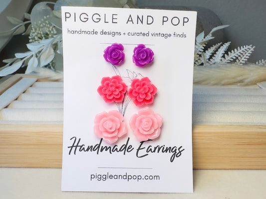 Flower Stud Earrings Gift Set in Vibrant Pink and Purple, Handmade Hypoallergenic Surgical Steel Rose Post Earrings
