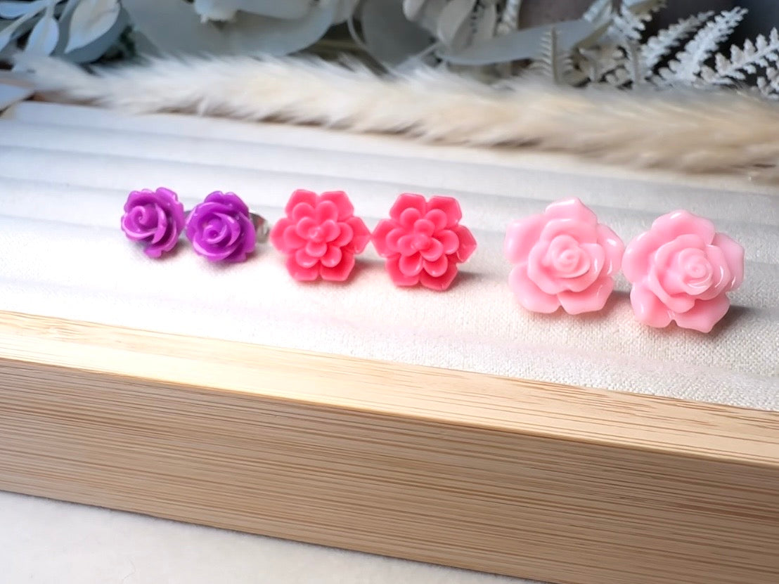 Flower Stud Earrings Gift Set in Vibrant Pink and Purple, Handmade Hypoallergenic Surgical Steel Rose Post Earrings
