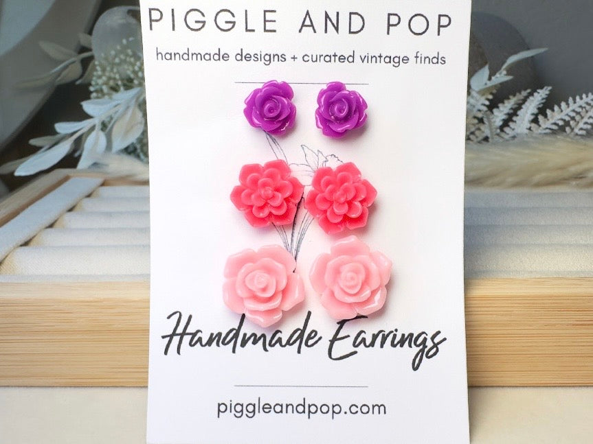 Flower Stud Earrings Gift Set in Vibrant Pink and Purple, Handmade Hypoallergenic Surgical Steel Rose Post Earrings