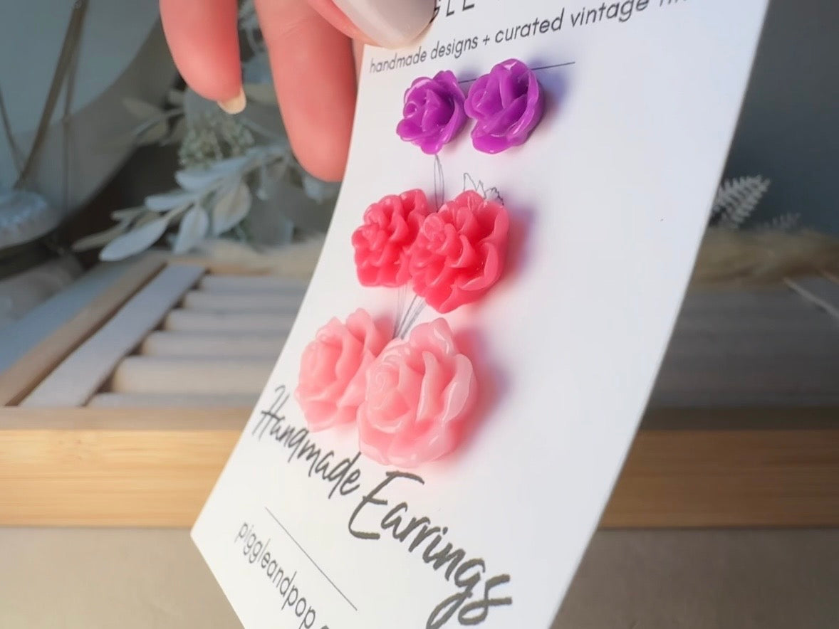 Flower Stud Earrings Gift Set in Vibrant Pink and Purple, Handmade Hypoallergenic Surgical Steel Rose Post Earrings
