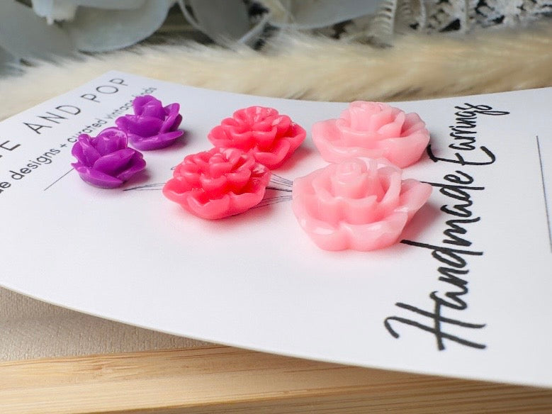 Flower Stud Earrings Gift Set in Vibrant Pink and Purple, Handmade Hypoallergenic Surgical Steel Rose Post Earrings