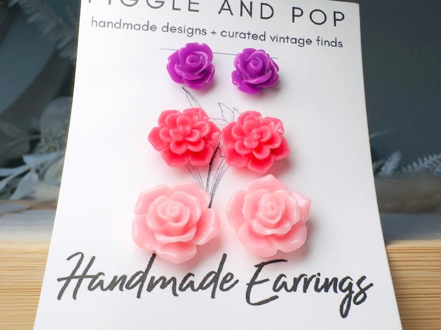 Flower Stud Earrings Gift Set in Vibrant Pink and Purple, Handmade Hypoallergenic Surgical Steel Rose Post Earrings
