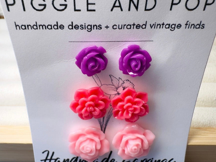 Flower Stud Earrings Gift Set in Vibrant Pink and Purple, Handmade Hypoallergenic Surgical Steel Rose Post Earrings