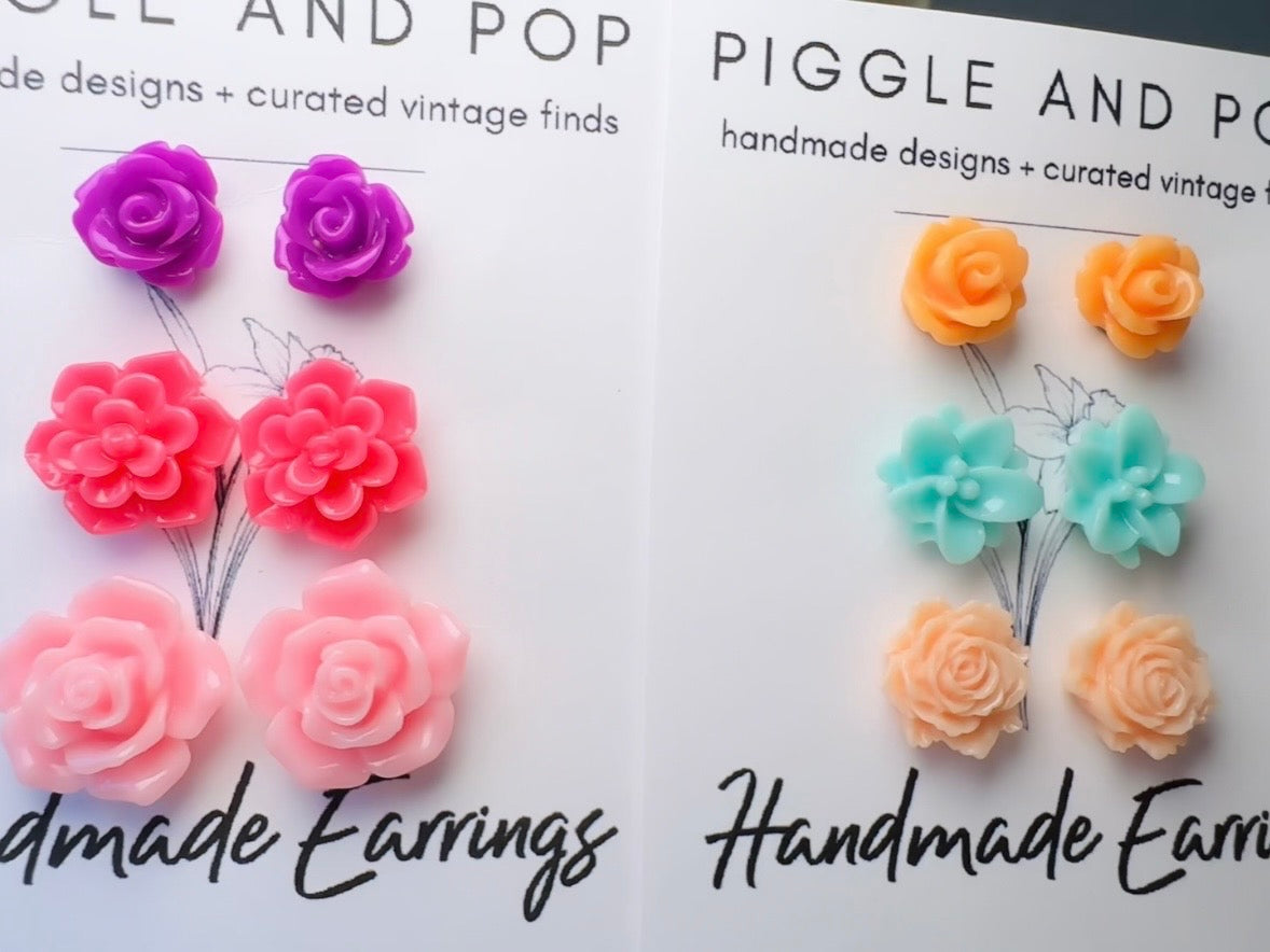 Flower Stud Earrings Gift Set in Vibrant Pink and Purple, Handmade Hypoallergenic Surgical Steel Rose Post Earrings