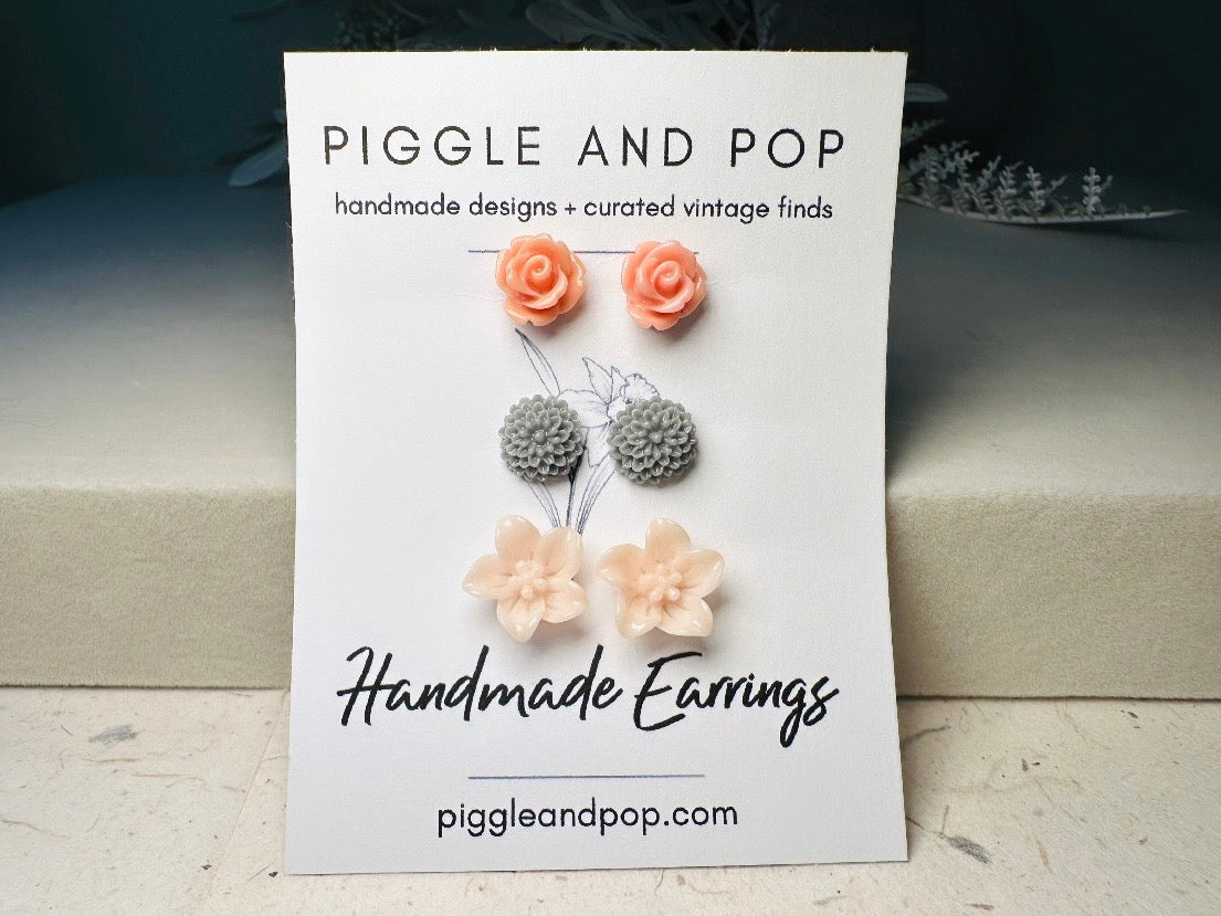 Flower Stud Earrings Set, Dusty Pink Rose Earrings, Grey Dahlia Earrings, Peach Lily Earrings