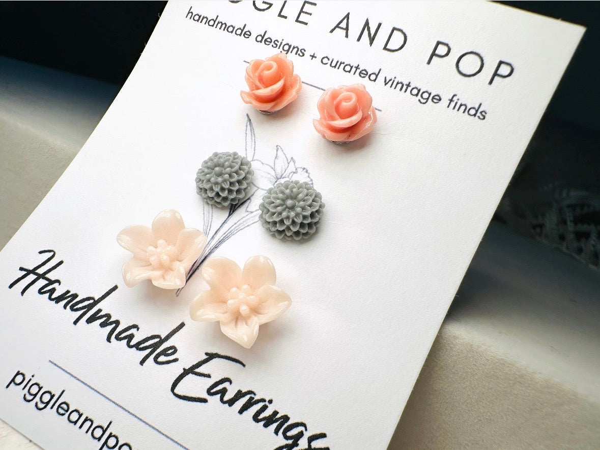 Flower Stud Earrings Set, Dusty Pink Rose Earrings, Grey Dahlia Earrings, Peach Lily Earrings