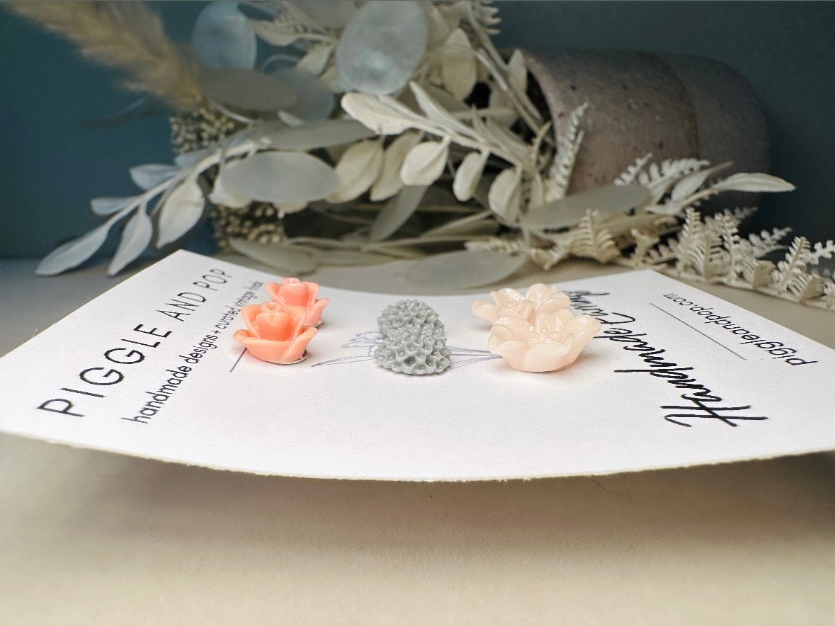 Flower Stud Earrings Set, Dusty Pink Rose Earrings, Grey Dahlia Earrings, Peach Lily Earrings
