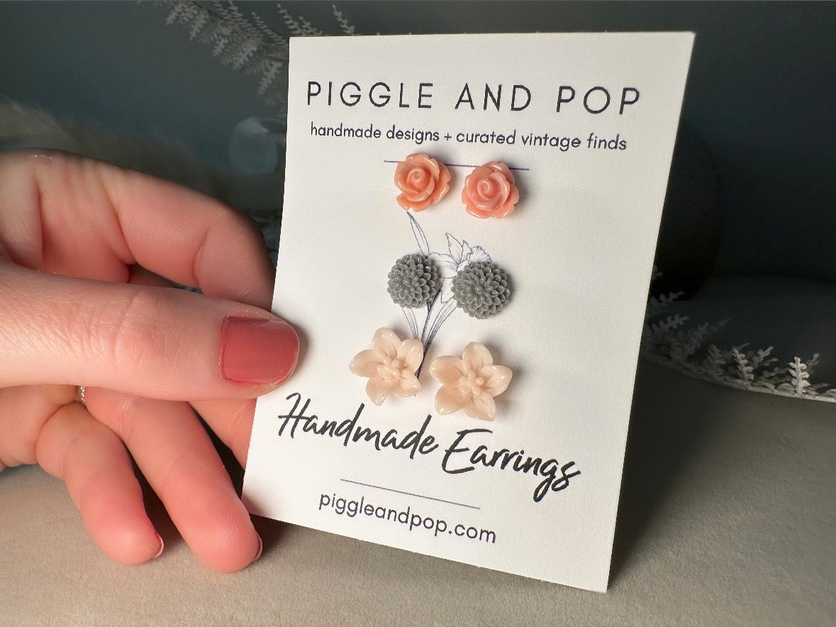 Flower Stud Earrings Set, Dusty Pink Rose Earrings, Grey Dahlia Earrings, Peach Lily Earrings