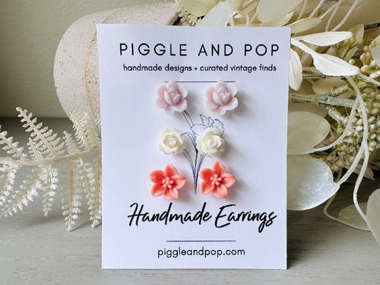 Flower Stud Earrings in Lavender, White and Rosey Pink, Pastel Floral Earrings Set, Hypoallergenic Surgical Steel Post Earrings