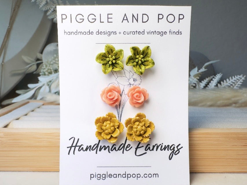 Flower Stud Earrings in Wasabi Green, Coral Pink, and Gold. Handmade Hypoallergenic Surgical Steel Post Earring Gift Set