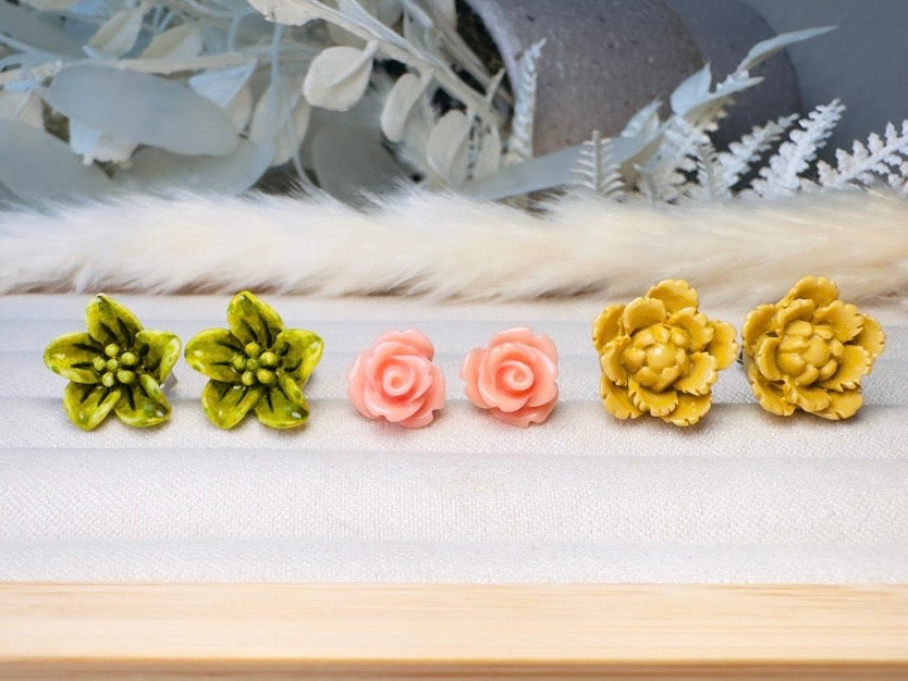 Flower Stud Earrings in Wasabi Green, Coral Pink, and Gold. Handmade Hypoallergenic Surgical Steel Post Earring Gift Set