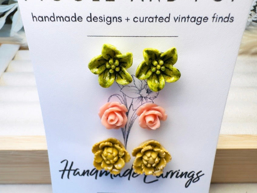 Flower Stud Earrings in Wasabi Green, Coral Pink, and Gold. Handmade Hypoallergenic Surgical Steel Post Earring Gift Set