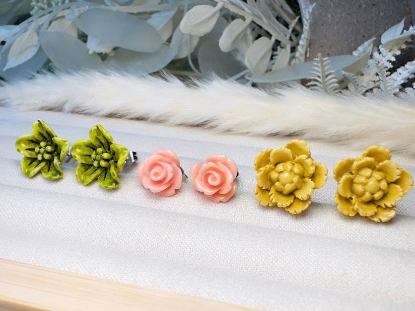 Flower Stud Earrings in Wasabi Green, Coral Pink, and Gold. Handmade Hypoallergenic Surgical Steel Post Earring Gift Set