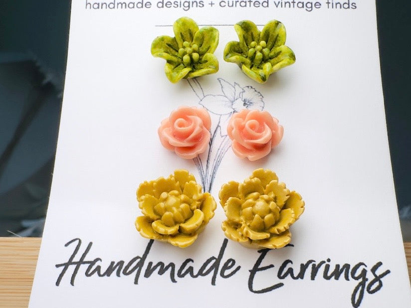 Flower Stud Earrings in Wasabi Green, Coral Pink, and Gold. Handmade Hypoallergenic Surgical Steel Post Earring Gift Set