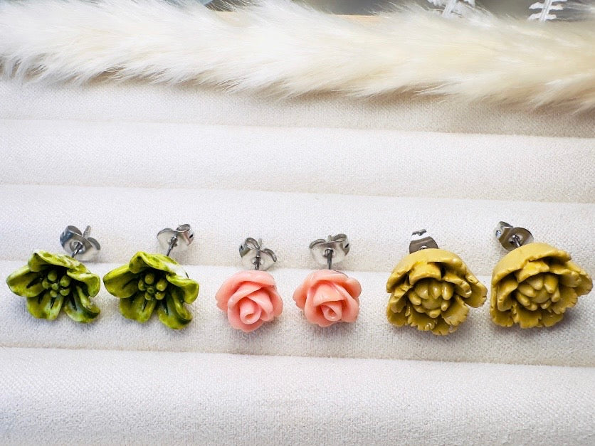 Flower Stud Earrings in Wasabi Green, Coral Pink, and Gold. Handmade Hypoallergenic Surgical Steel Post Earring Gift Set