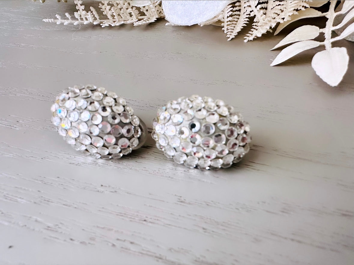 Richard Kerr Silver Vintage Earrings, Sparkling Silver Swarovski Pave Set Crystal Domed Oval Clip On Earrings, Rare Designer 1980s Earrings