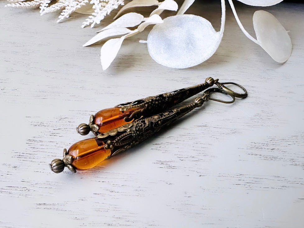 Handmade Amber Teardrop Earrings, Intricate Stamped Bronze or Silver Filigree Cones with Beaded Crystals, Victorian Inspired Dangle Earrings DA3 VFC