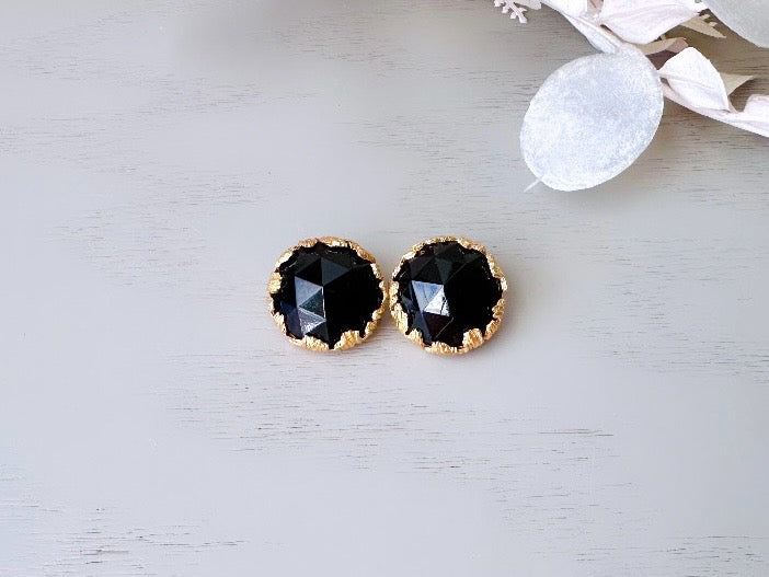 Stunning 1950's Black and Gold Faceted Earrings, Signed Designer Vintage Jonne  Round Clip On Earrings, Elegant Black Rhinestone Earrings