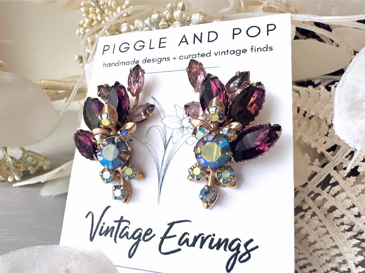 Extraordinary Purple Vintage Rhinestone Earrings, Vintage 1960's Crystal Climber Clip On Earrings, Sparkling Amethyst Wing Earrings  Gold