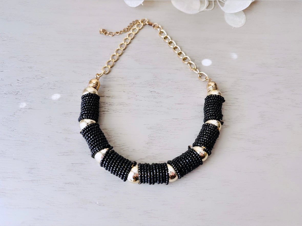 Gold and Black Beaded Necklace, Gold Bead Necklace with Black Beaded Glass Accents, Geometric Vintage Necklace