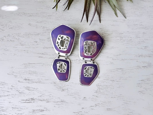 Silver & Matte Purple Berebi Earrings, 1980s Funky Boho Chic Dramatic Vintage Designer Earrings, Pierced Enamel Statement Earrings
