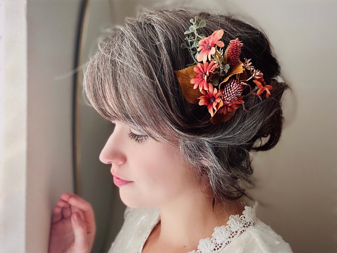 Autumn Hair Clip, Rustic Orange Browns + Pink Fall Foliage Wedding Hair, Floral Autumn Fascinator Burnt Orange Copper Bride Hair Accessories