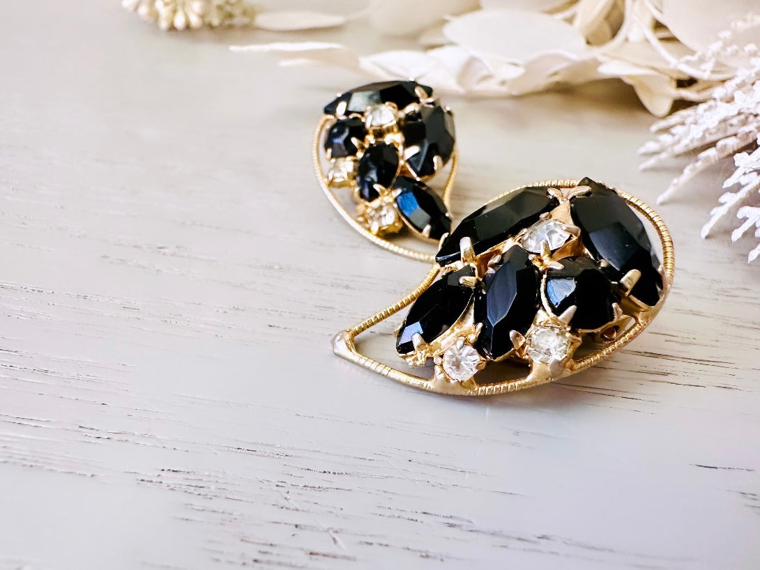 Rare WEISS Vintage Designer Earrings, Showstopping Black & Diamond Rhinestone Earrings, Gorgeous 1960's Crystal Teardrop Clip On Earrings