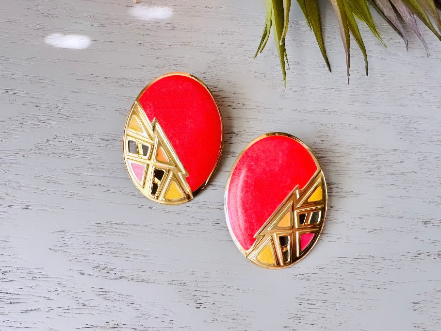 Bright Vintage Berebi Earrings, Red Orange Yellow Big Oval Geometric 80s Designer Earrings, 1980s Pierced Enamel Lace Cut Out Earrings