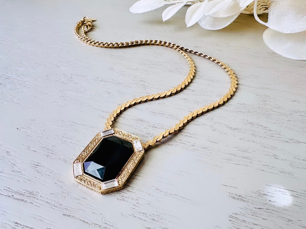 1928 Vintage Black Rhinestone Necklace, Classic Gold Tone Black Emerald Cut Stone Diamond Rhinestone Border, Timeless Elegant Choker Necklace