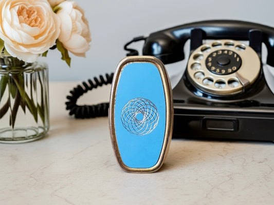 1960s Vintage Lipstick Mirror, Baby Blue Mirrored Cosmetic Case with Gold Spiral Starburst